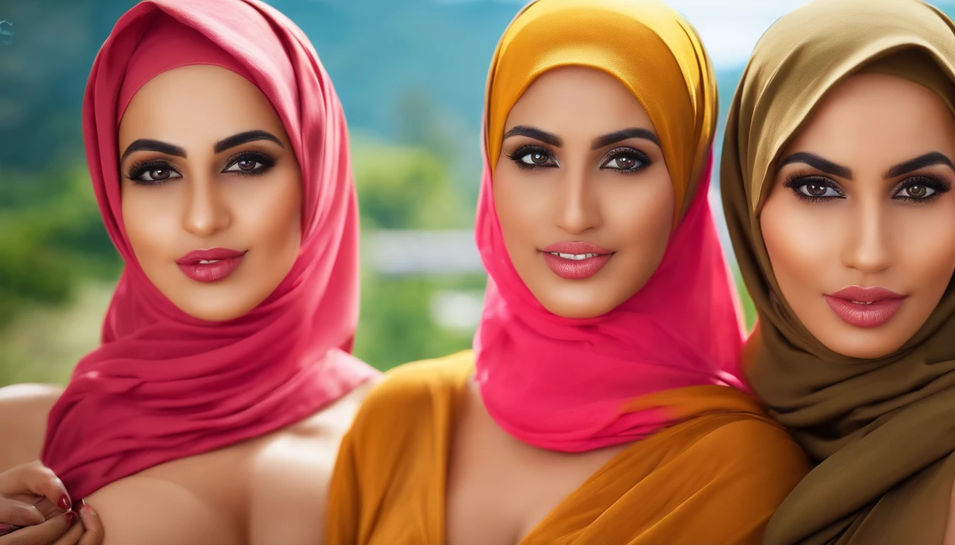 Three women wearing hijabs are posing for a picture - SeaArt AI