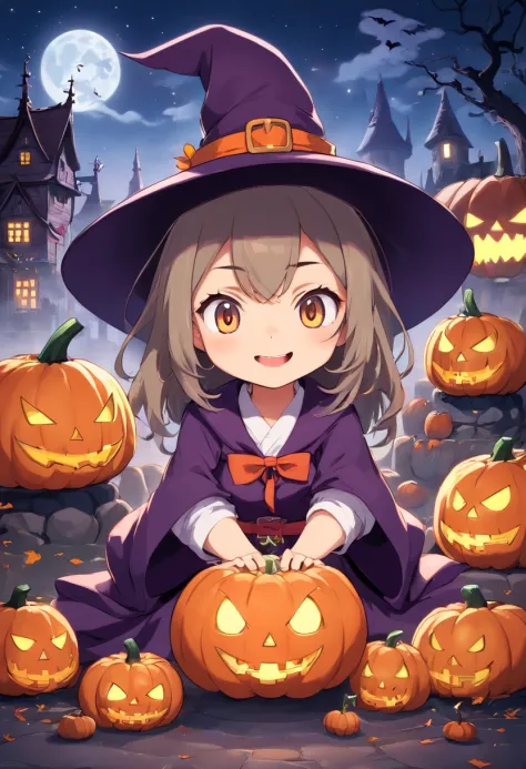"Produce a spine-tingling Halloween-themed chibi anime artwork that juxtaposes cuteness with horror. Illustrate an adorable female chibi characters dressed as a classic horror icon (e.g., vampire, mummy, or witch) while surrounded by cute, yet spooky, elem...