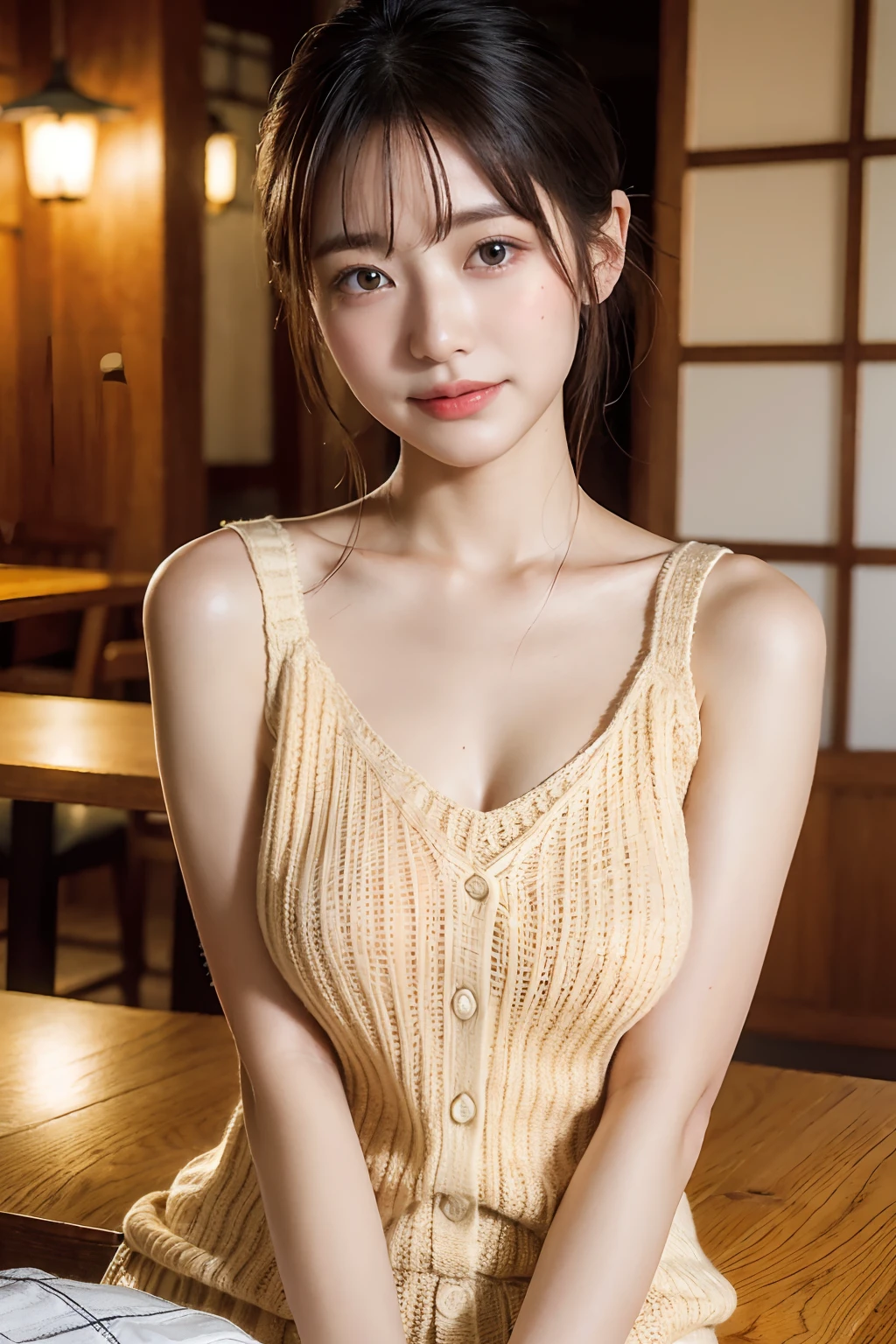 (natta:1.7), East Asian Architecture, 1womanl,  sixteen years old、Colossal tits　Beautiful shiny straight semi-long、Beautiful fingers,Beautiful long legs,Beauty Body，Cute nose，Beautiful character design，perfect  eyes，face perfect，looking at viewert，（Innocent_Big_Eyes：1.0），（light_Smile：0.3），offcial art，ighly detailed ，（tmasterpiece:1.0),(best_quality:1.0), 超A high resolution,4K,ultra - detailed, photography of, 8K, nffsw, hight resolution, the background is blurred, (Beautiful_Face:1.5),(8K,Raw photo, 、Relax at a ryokan in Japan、(The background is a café restaurant at night:1.3),(White tank top&White Beige Shoulder Length Knit Cardigan、Plaid Flared Micro Mini Skirt:1.3),(Colossal tits) Backgrounds with depth　Three-dimensional feeling　((White Beige Knitted Camisole、Thin string:1.4)) Beautiful large breast　(Sitting leaning forward with your chest proudly on the table:1.3)