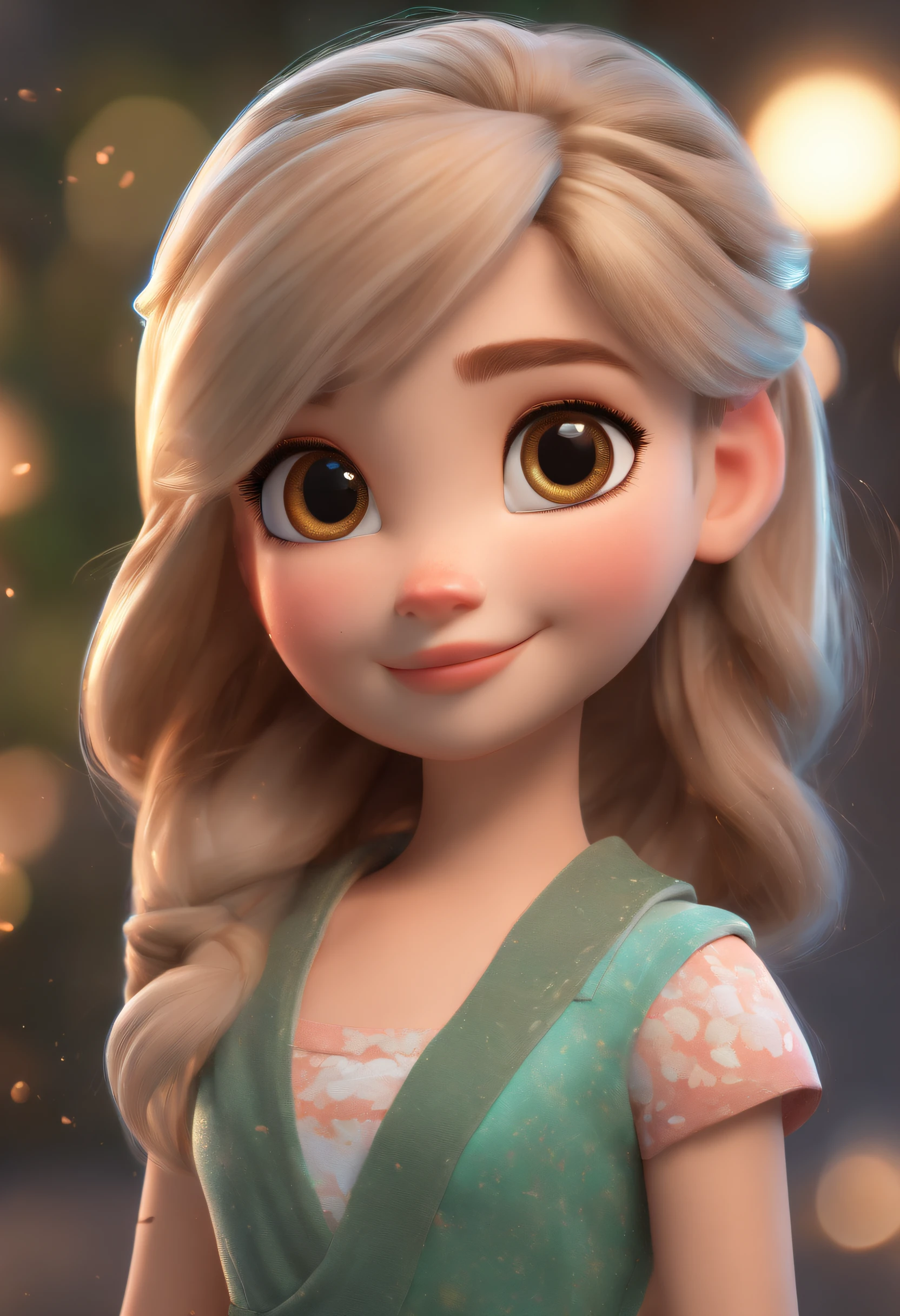 best quality, masterpiece, photorealistic, extremely detailed CG unity 8k wallpaper, chibi,1girl, elsa,solo, full_body, smile, looking_at_viewer, outdoors,