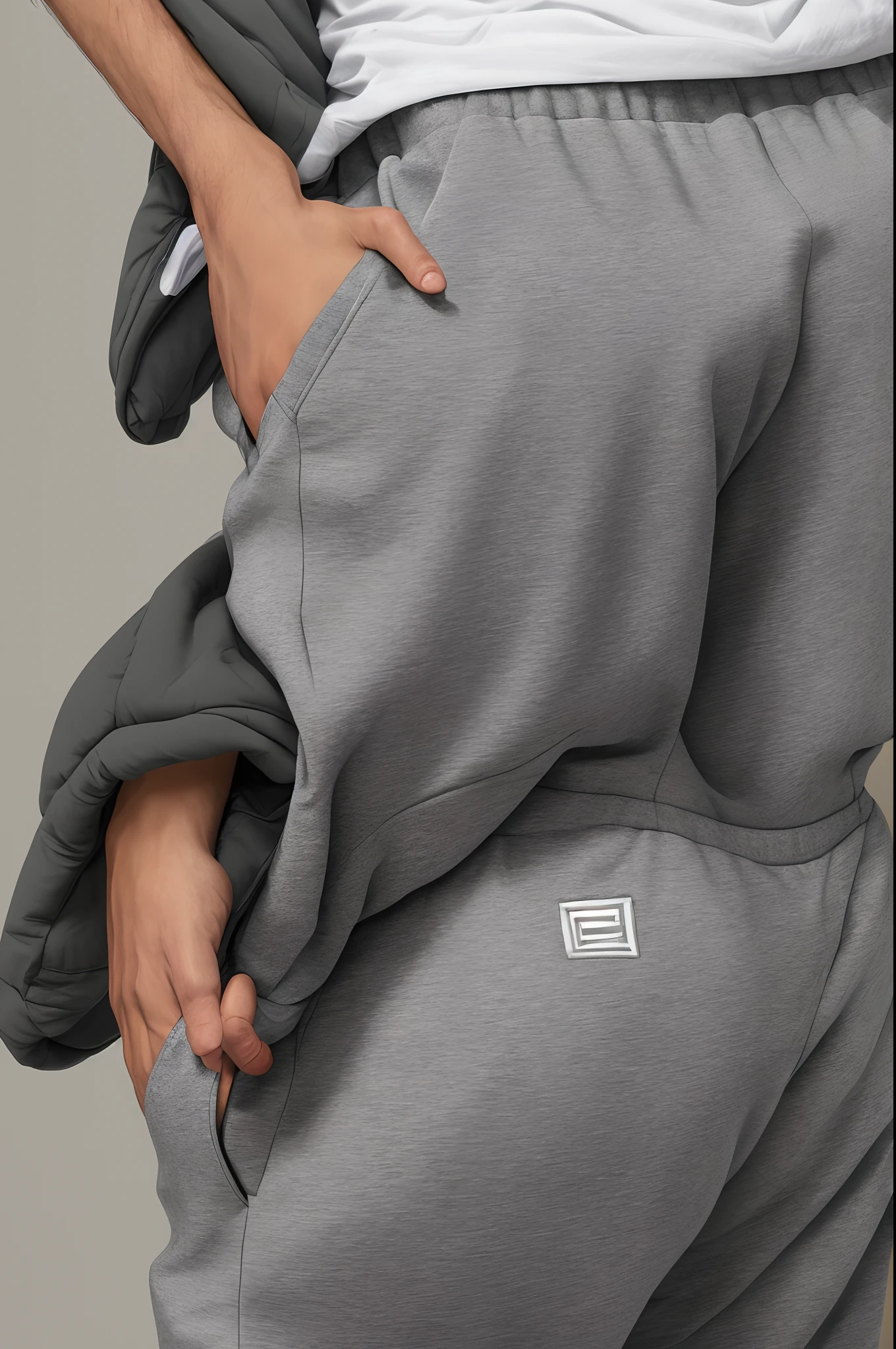 A close up of a person wearing a pair of grey sweatpants - SeaArt AI