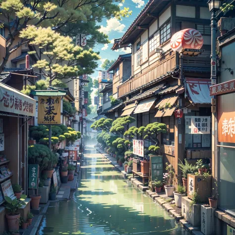 urban Japanese street next to stream of water, traditional Japanese lantern, (no one: 1), no one in sight, no people, best quality, anime, anime style, lofi, calm, row of building next to river, urban Japanese street next to stream of water, traditional Ja...