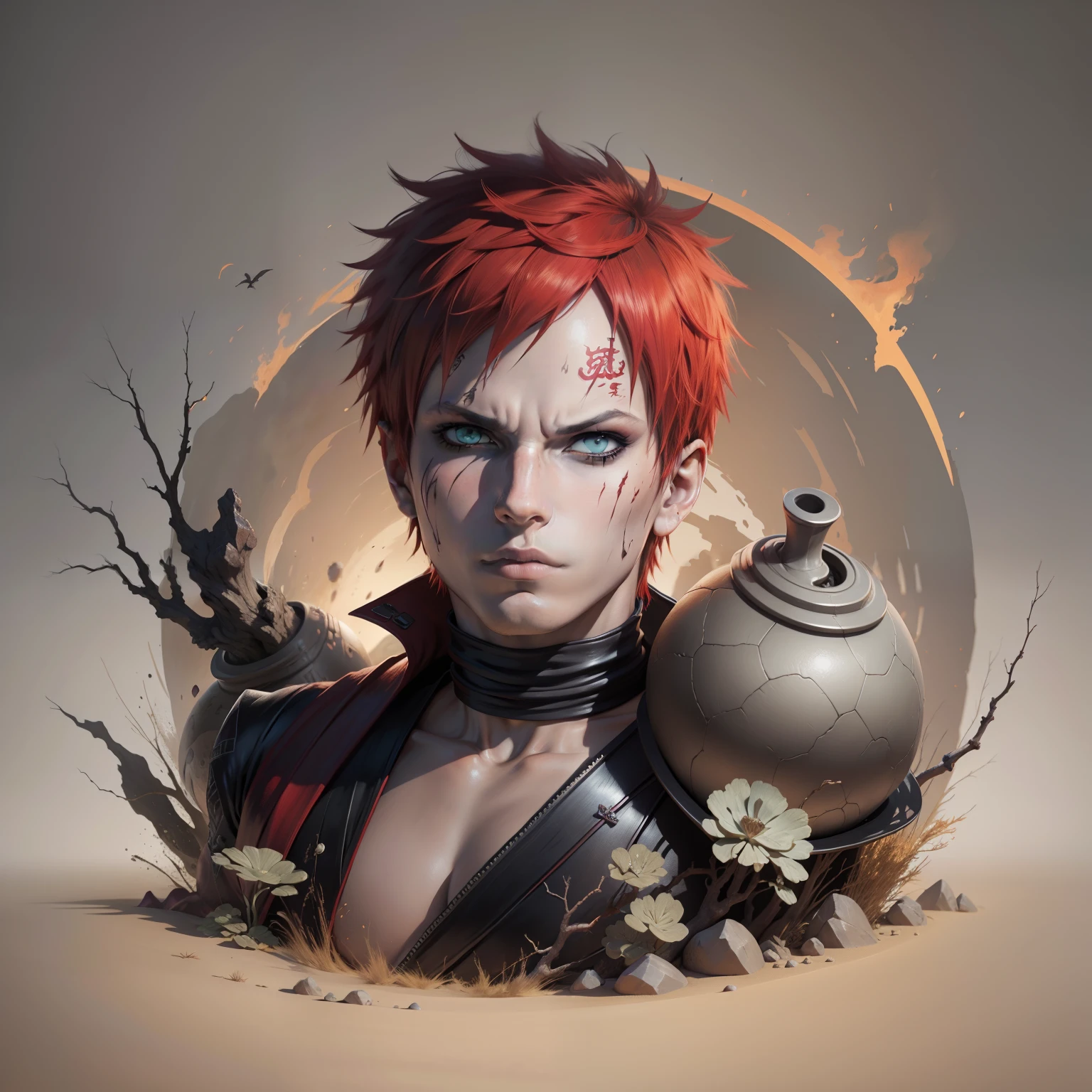 gaara, colete, marca facial, fantasia, magia areia com fogo negro, ninja, pergaminho, gourd, anime, Pop art, textured skin, super detail, high details, high quality estilo fogo negro amaterazu