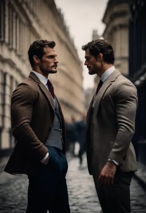 Jamie Dornan/Henry Cavill lookalike, and David Gandy/Henry Cavill lookalike, standing in London looking at each other passionately.