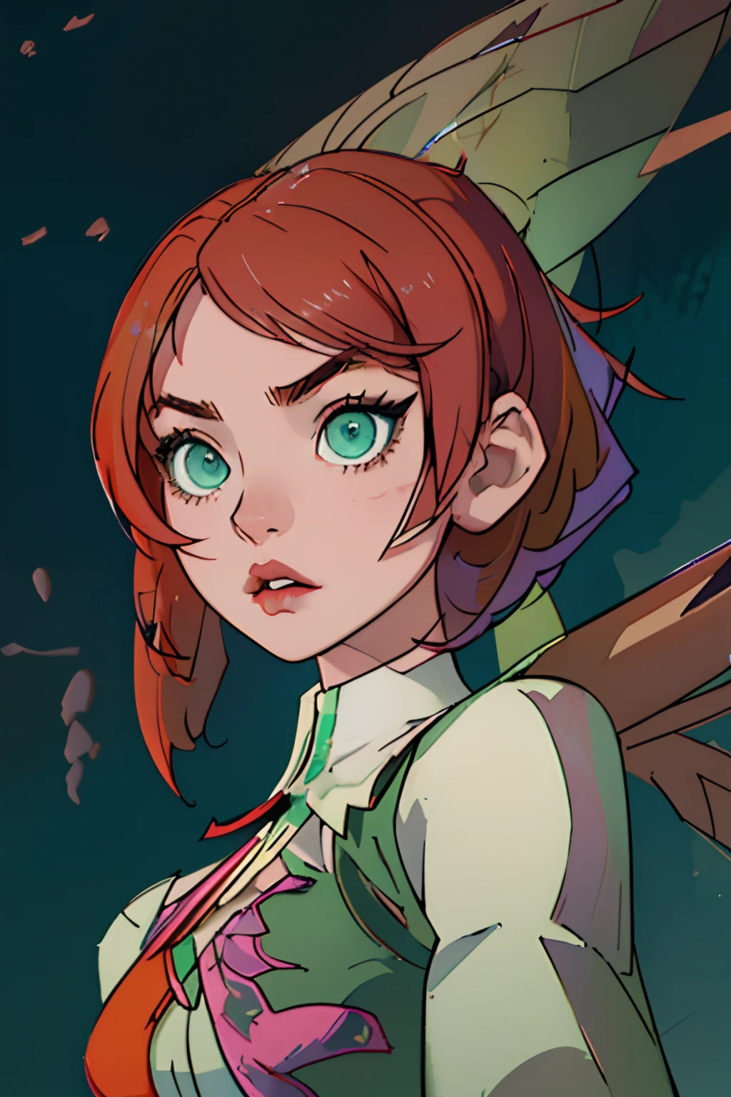 アリサの可愛い顔, 左右対称の完璧な緑の目, マルチカラーのピンクのショートヘア, 機械の翼, 鉄拳