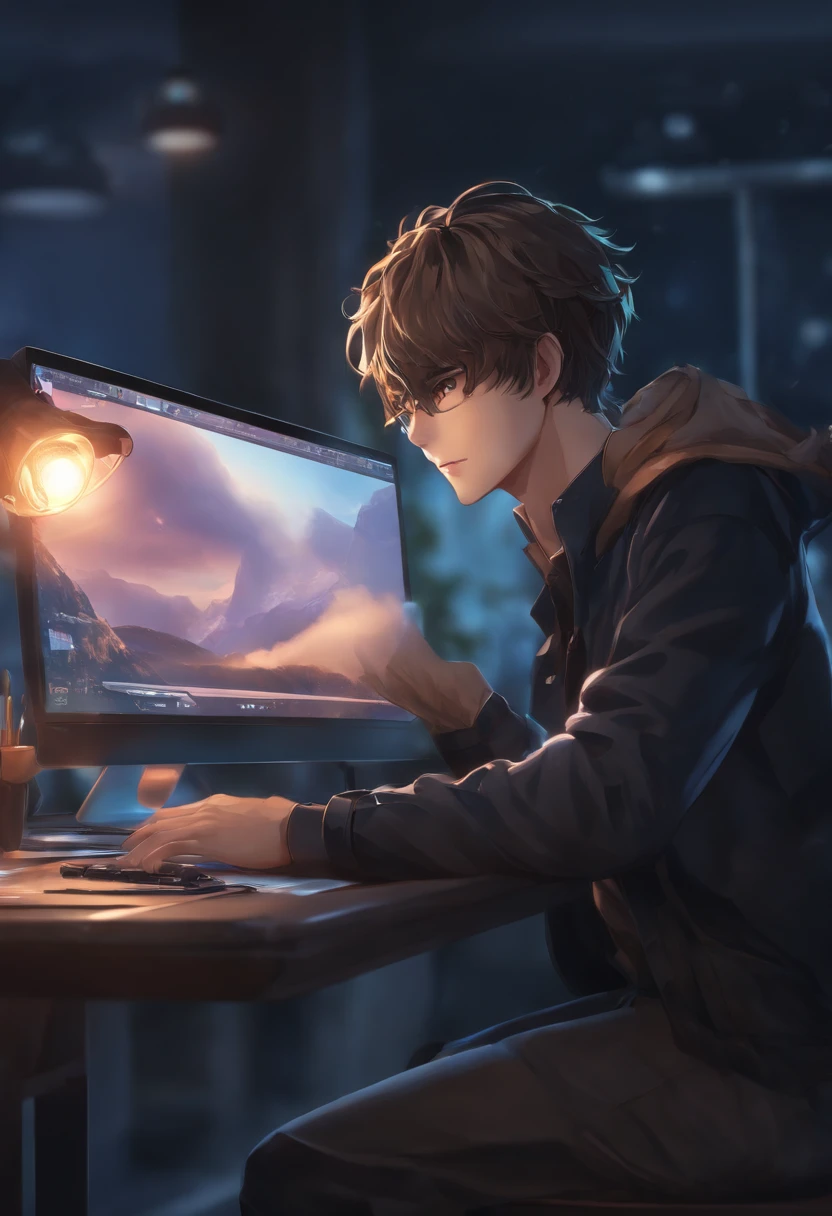 Anime boy sitting at a desk with a computer and a lamp - SeaArt AI