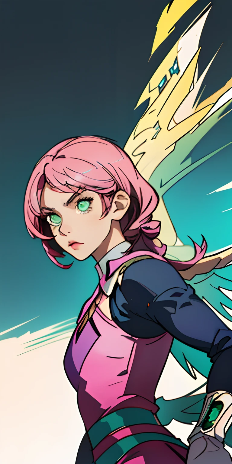 Alisa pretty face, gazing at viewer, Symmetrical perfect green eyes, multicolor pink short hair, mechanical wings, nblurry background, upperbody, contemporary, ful dressed, tekken