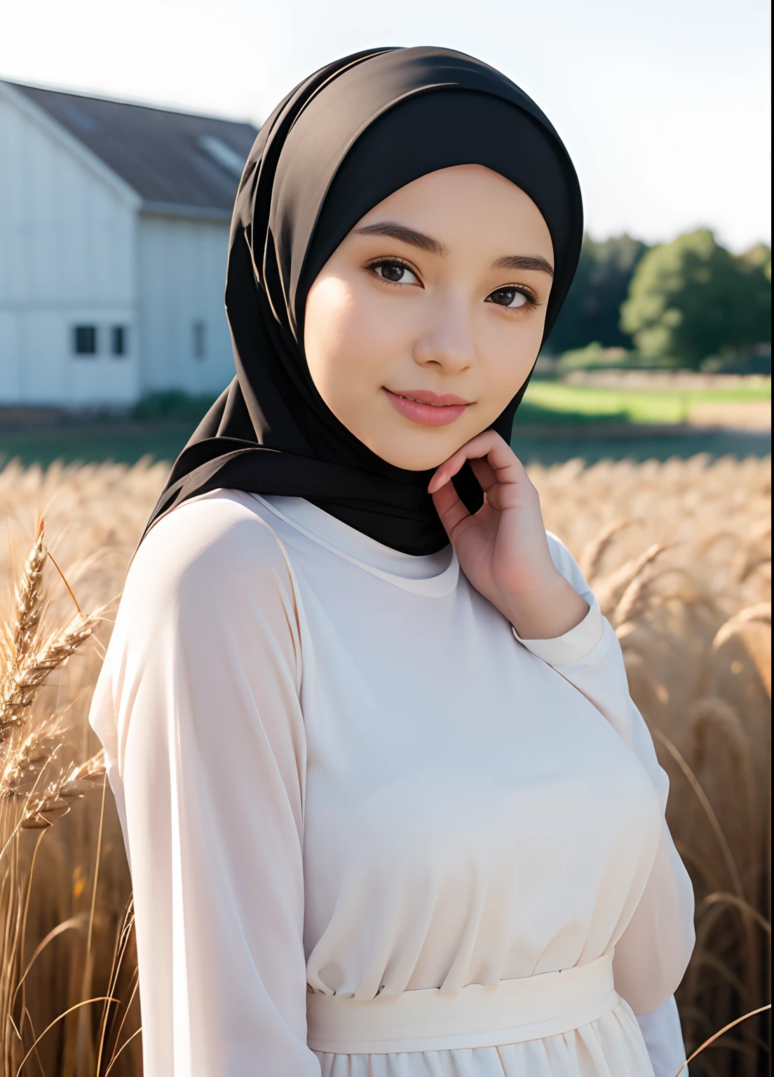 1girl, 20 years old, tall and attractive, wearing a cute country dress, hair braided, standing in a rustic farm setting. She has a soft, gentle smile and expressive eyes. In the background are charming barns, golden wheat fields and clear blue skies. The composition should be bathed in warm golden hour light, with soft depth of field and soft bokeh to accentuate the idyllic tranquility. Capture images as if they were shot on vintage 35mm film for added oomph, filmg, (((wearing a black hijab)))