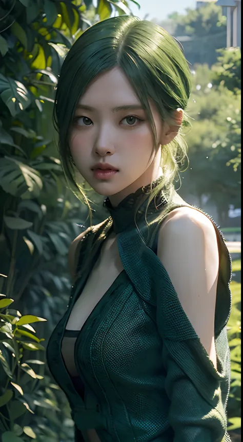 A girl with short green hair, wearing a green dress, green theme background. (best quality,4k,8k,highres,masterpiece:1.2), ultra-detailed, (realistic,photorealistic,photo-realistic:1.37), HDR, UHD, studio lighting, ultra-fine painting, sharp focus, physica...