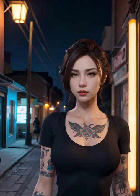 tattoo girl, very beautiful, murderous, handsome girl, (random hairstyle), betrayal, anger, night alley, 8K, dynamic wallpaper, ...