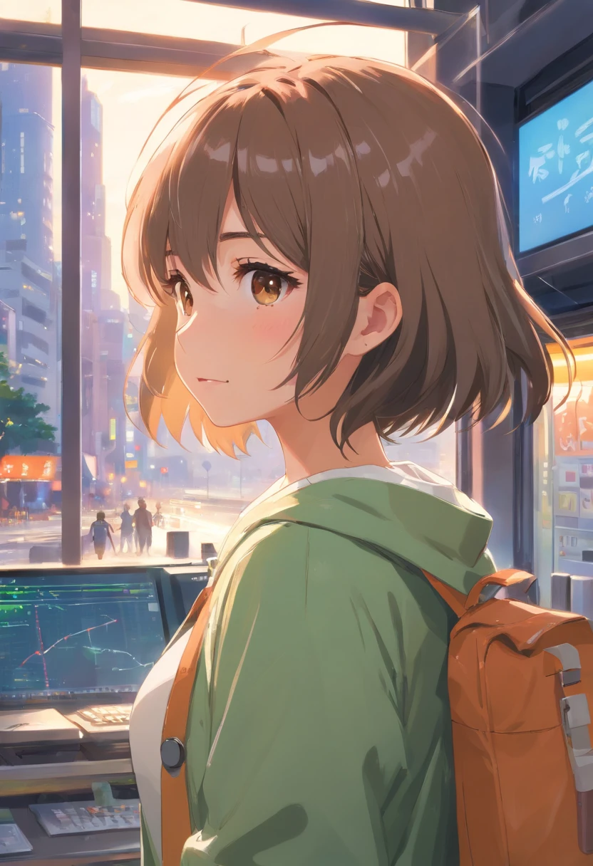 Anime girl with backpack looking out window at city - SeaArt AI