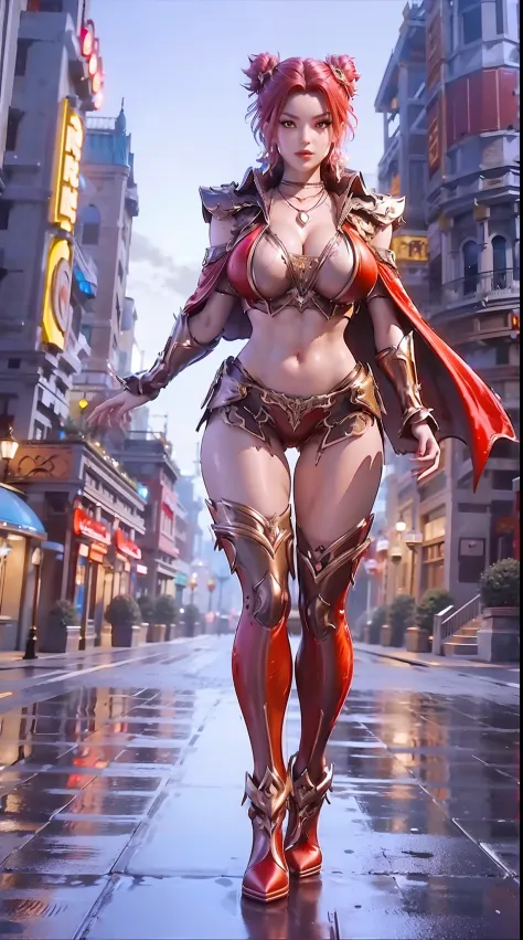 1GIRL, SOLO, COQUETTE, (HAIR ORNAMENT, NECKLACE), (WET HUGE FAKE BOOBS:1.3), (STREET CITY BACKGROUND), (FUTURISTIC RED PHOENIX MECHA CROP TOP, ROYAL CAPE, CLEAVAGE:1.2), (SKINTIGHT YOGA HOTPANTS, HIGH HEELS:1.2), (PERFECT BODY, FULL BODY VIEW:1.5), (LOOKIN...