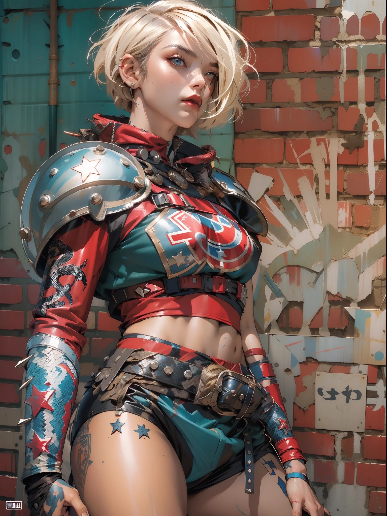 (((woman))), (((best quality))), (((masterpiece))), (((adult))), (((1girl))), (((bob haircut) )), A 25 year old female cyberpunk gladiator with perfect body, shoulder pads with metal spines, Brooklyn Gladiators, ((bob haircut)), tiny leather panties, torn rugby team t-shirt, almost naked in wild urban style by Simon Bisley for the cover of Heavy Metal magazine, Short blonde hair, Minimum clothing, Metal protection on the left arm with intricate graphics, Dark red with white stars and blue and white striped pattern, armor, full of spikes and rivets, tattoo of snake (((from the knee up))), short white blonde hair, in the background a wall painted by Shepard Fairey with an intricate design