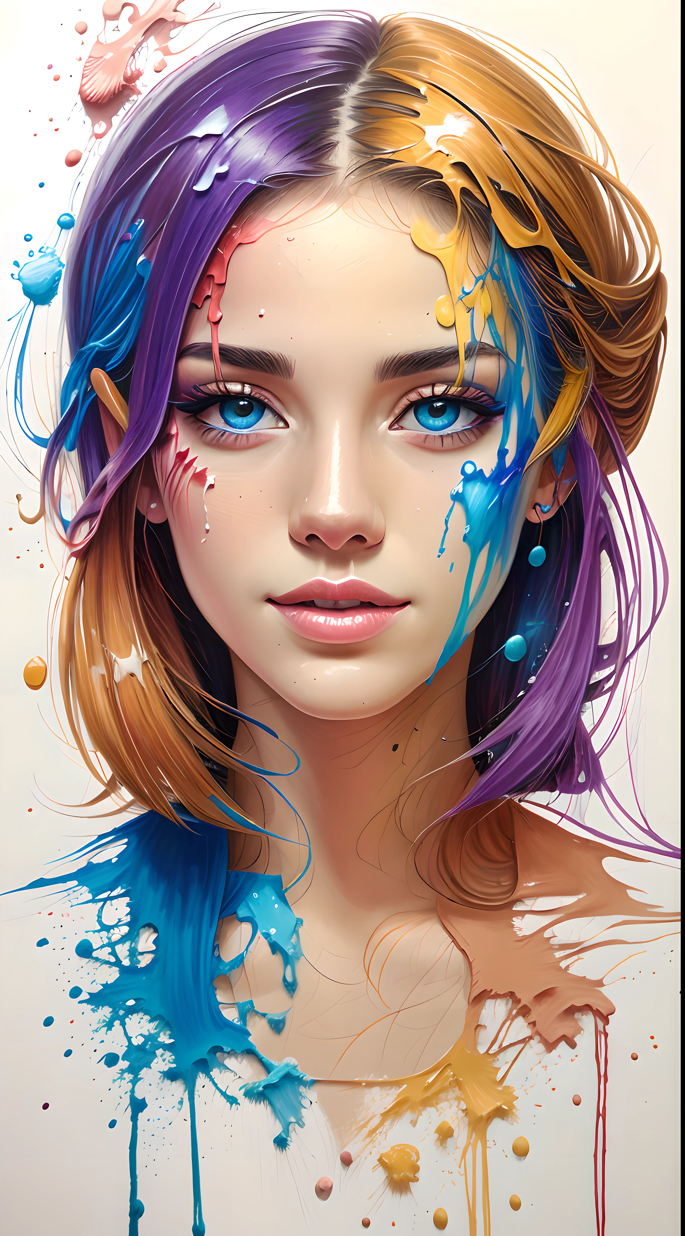 Dibujo a lápiz de color de la cara de una mujer hermosa con pintura salpicada y gotas de pintura cayendo --ar 4:5 --s 500