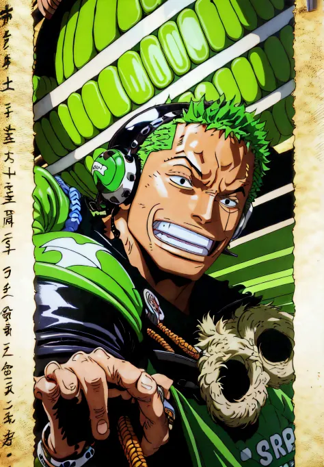 There's a brown-haired boy with headphones on and making a HANG LOOSE sign to the camera, Esta usando uma camisa verde, desenho estilo anime, reference: Eiichiro Oda, An 18-year-old boy with the appearance of the character Zoro from One Piece, alta qualida...