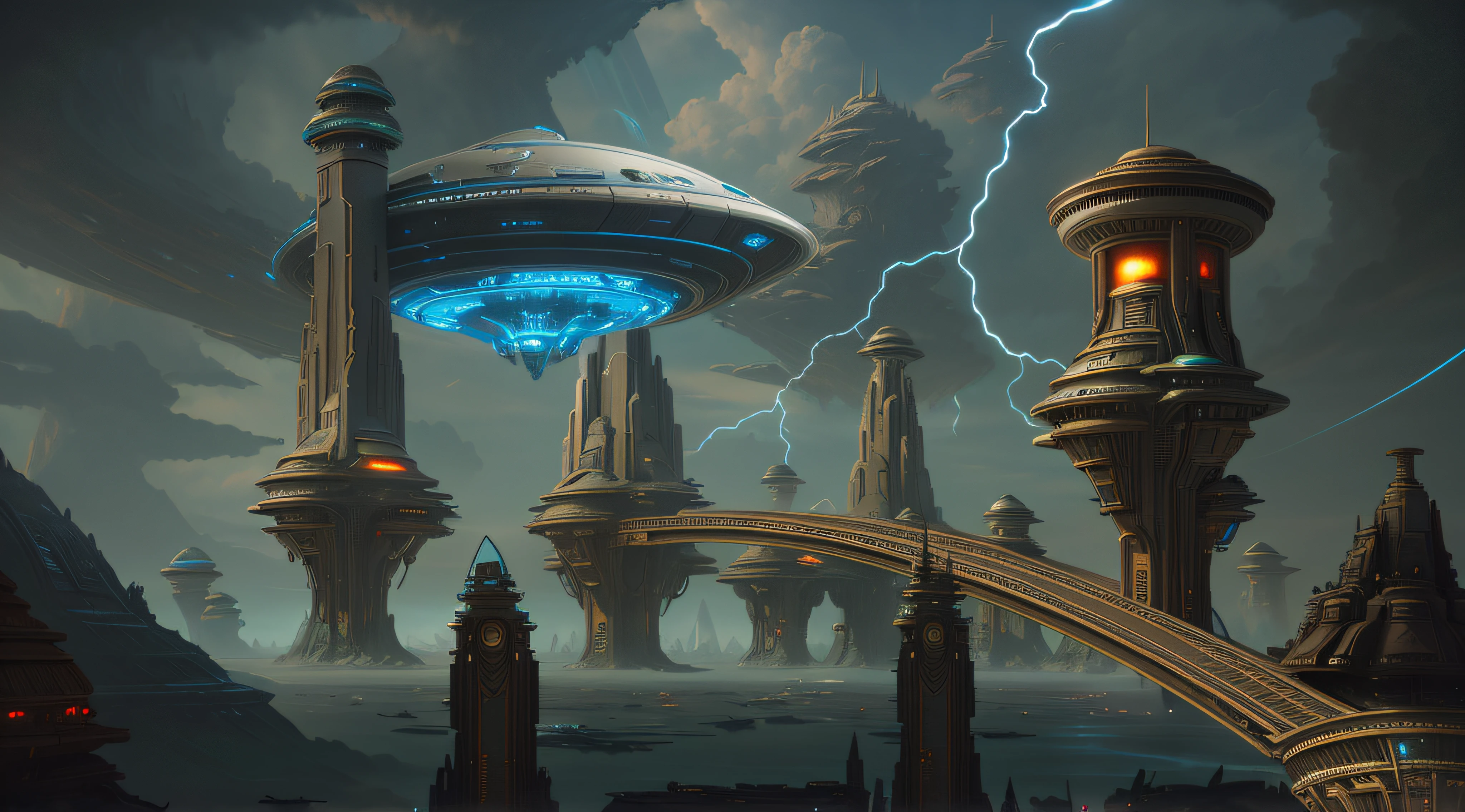 spaceship flying over a futuristic city with a lightning bolt, epic fantasy sci fi illustration, sci-fi fantasy art, epic scifi fantasy art, matte scifi fantasy painting, ancient science fiction art, mystical sci-fi concept art, sci-fi fantasy wallpaper, in fantasy sci - fi city, sci fi digital painting, exterior of scifi temple, sci-fi digital painting