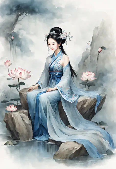 ancient chinese beauty sitting on stone, wearing ancient chinese costume, flowing blue tulle, light silk, lazy pose, large lotus...