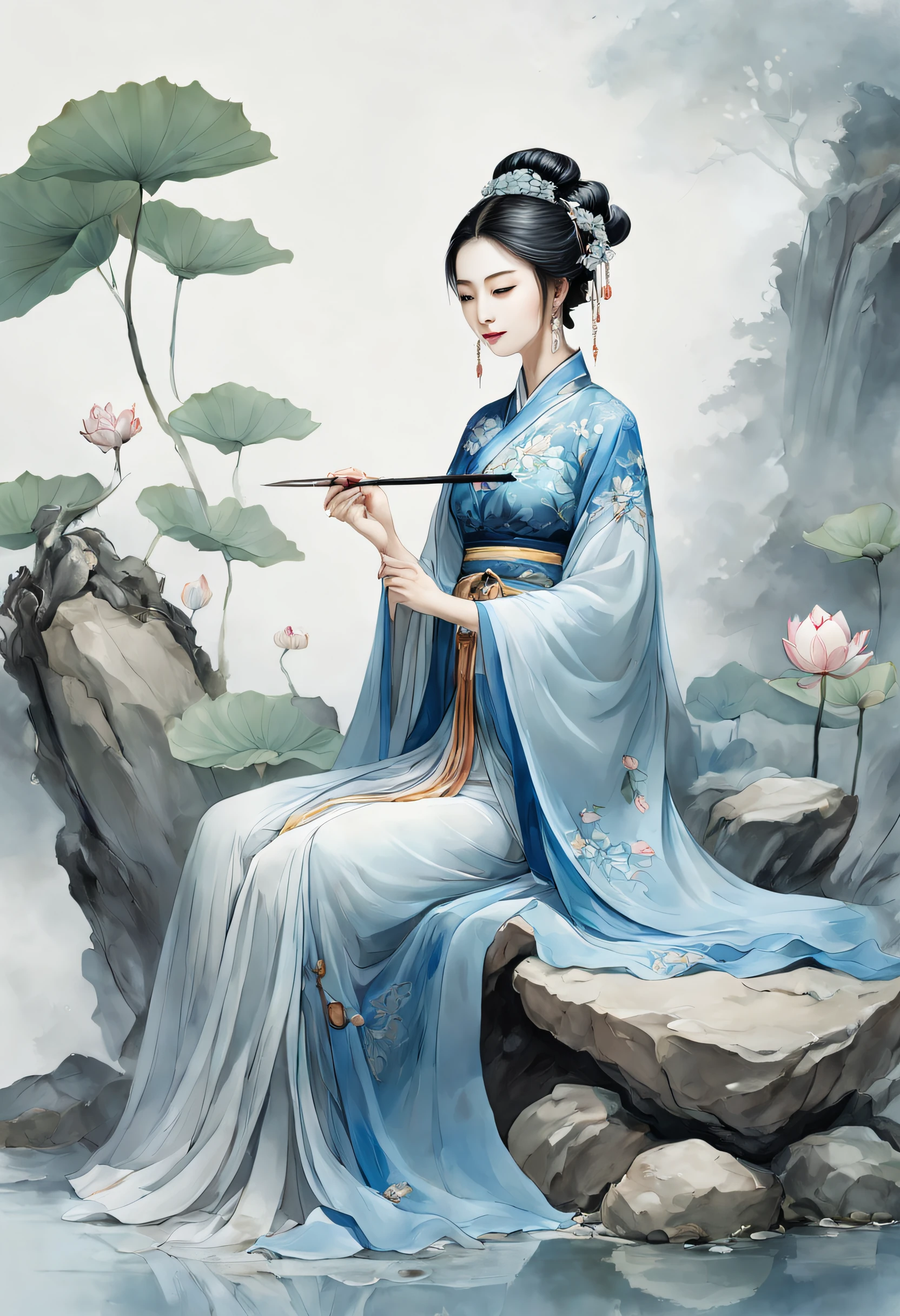 Ancient Chinese beauty sitting on stone, wearing ancient Chinese costume, flowing blue tulle, light silk, lazy pose, large lotus leaves, lotus flowers, ink painting style, clean colors, decisive cutting, white space, freehand, masterpiece, super detailed, epic composition, high quality, highest quality, 4k --v 6