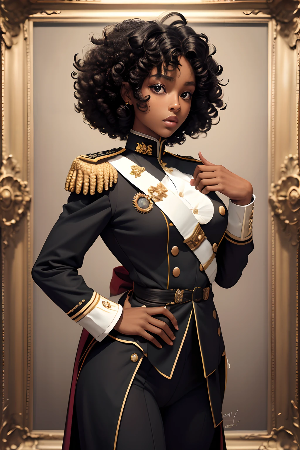 (masterpiece, best quality), deep ebony 1girl, beautiful face, curly curls afro, (Wearing Napoleon Uniform)