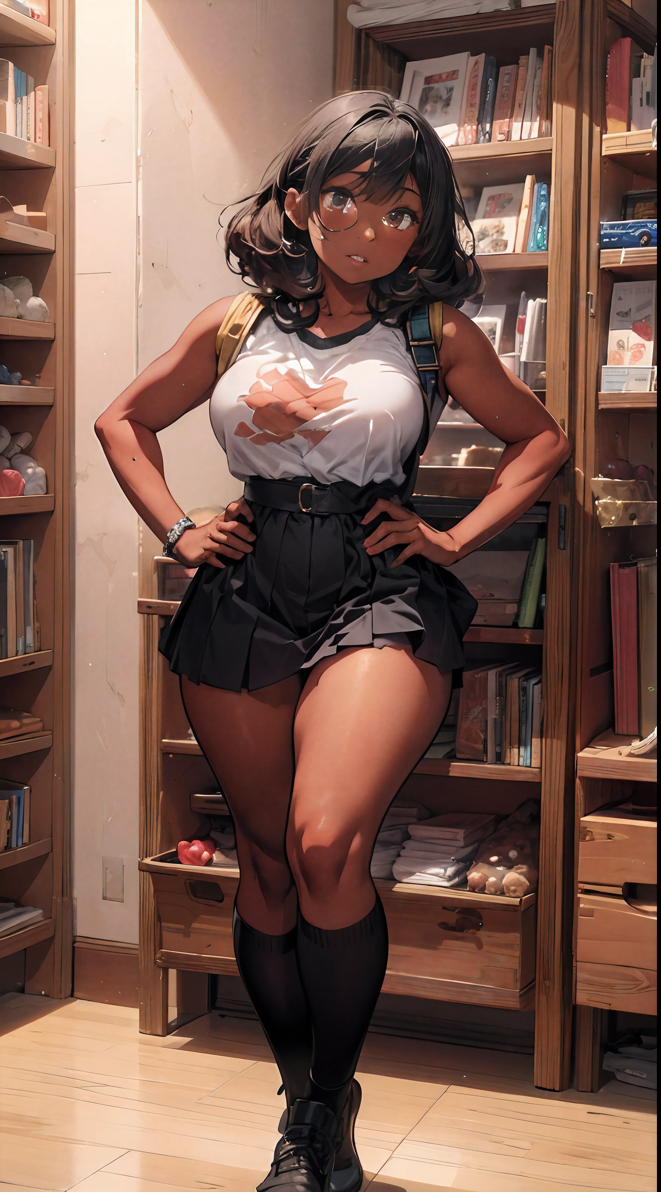 (((dark-skinned))), (bookworm, 25-year-old Mahagony-skinned,  darkskin statuesque oblong-shaped face,vivacious black eyes, prominently narrowed convex hooked nose, hourglass physique,thick, alluring, large breasts, large butt, heart hips, long, toned legs, messy pixie bun, glasses,  sweater dress, high definition, 96k, fullbody, risky, vivd,Graffiti graphic novel, digital masterpiece,) (sultry and strong,beautiful, toned, Golden Ratio physique ((mystifying Ultra Detailed Iris,))  Extremely Detailed Body and Wide Hips. The character should have intricately accurate facial and physical structure* intricately realistic expression and emotion* accurate colored complexion* accurate clothing design* complex hairstyles* and intricate character detail. Human realistic features) ::10  (, sensual energetic atomsphere, perfect prompt, perfect prose, Unreal Engine 5, Cinema, Ultra wide angle, Depth of field, Hyper detail, Fine details, Fabric texture, erotica,, Depth of field, Tilt blur, white balance, k , super resolution, megapixel, VR, single, good, ambient light, half light, backlight, natural light, incandescent light, optical fiber, dark light, cinematic light, studio light, soft light, ambient light, contrast light, beautiful light, accent light, general lighting, screen space general illumination, ray traced global illumination, optics, diffuse , Glow, Shadows, Rough, Glow, Raytraced Reflections, Clearance Reflections, Screen Space Reflections, Diffractive Gradation, Chromatic Aberration, GB ent Offset, Sweep Lines, Ray Tracing, Ambient Light Occlusion,Anti-Aliasing, FKAA, TXAA, RTX, SSAO, MSAAx4, shaders, OpenGL shaders, GLSL shaders, post-processing, post-processing, cell shading, tone mapping, CG, visual effects, sound effects, incredibly detailed and complex, hyper-maximal, elegant, hyper-realistic, super-detailed, dynamic pose)))