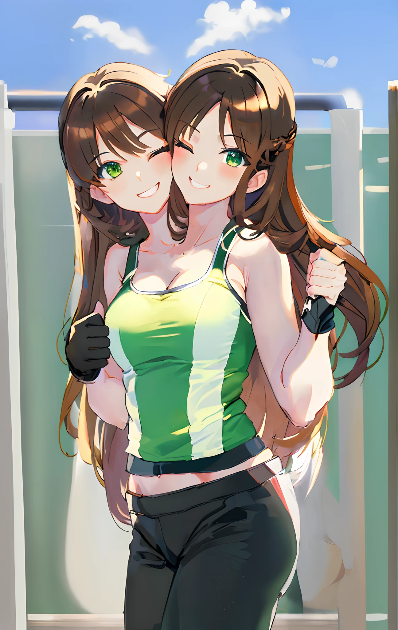 (masterpiece, best quality), best resolution, (2heads:1.5), 1girl, anime girl with two heads, brown hair, green eyes, different facial expressions, right head smiles with one eye closed, left head mouth open, sassy, happy, green tank top with white stripes, black gloves, thumbs up, black pants, gym