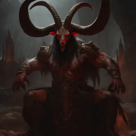 a goat-headed demon with large horns, strong and strong upper body ...