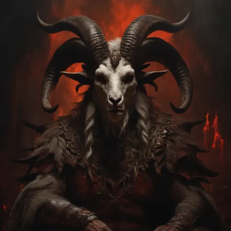 a goat-headed demon with large horns, strong and strong upper body, demon skins, skins, ((claws, wings)), demonic armor, blood splatters, skulls on the ground, standing in a blood ritual, medieval, dark room, dim light, masterpiece, realistic, oil painting