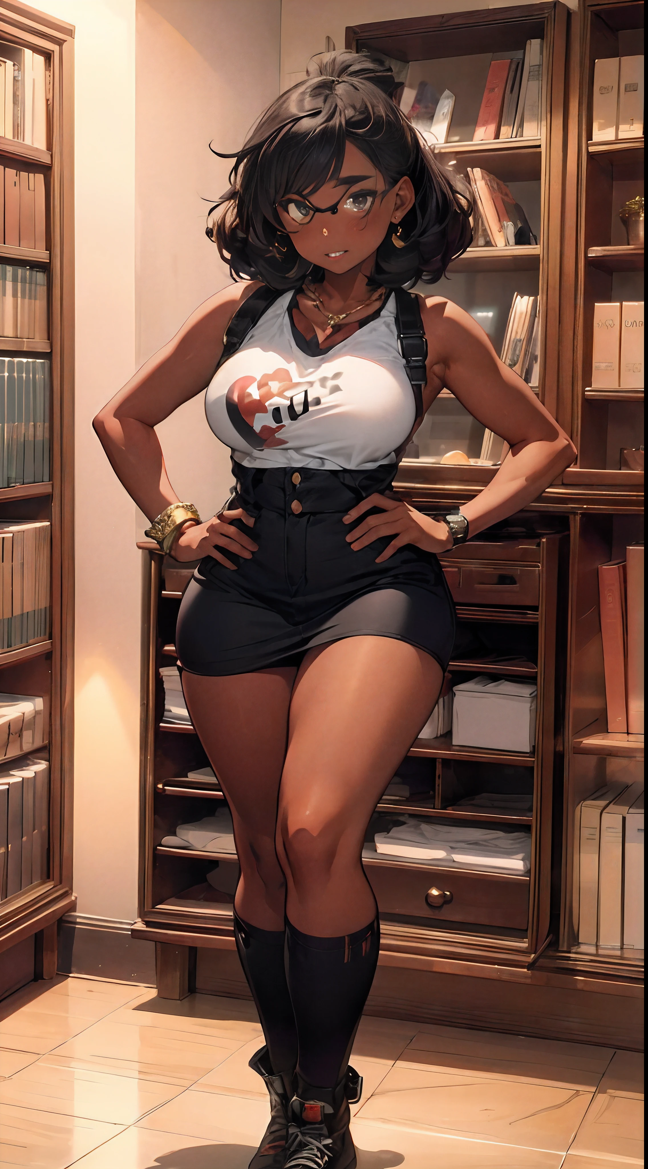 (((dark-skinned))), (bookworm, 25-year-old Mahagony-skinned,  darkskin statuesque oblong-shaped face,vivacious black eyes, prominently narrowed convex hooked nose, hourglass physique,thick, alluring, large breasts, large butt, heart hips, long, toned legs, messy pixie bun, glasses,  sweater dress, high definition, 96k, fullbody, risky, vivd,Graffiti graphic novel, digital masterpiece,) (sultry and strong,beautiful, toned, Golden Ratio physique ((mystifying Ultra Detailed Iris,))  Extremely Detailed Body and Wide Hips. The character should have intricately accurate facial and physical structure* intricately realistic expression and emotion* accurate colored complexion* accurate clothing design* complex hairstyles* and intricate character detail. Human realistic features) ::10  (, sensual energetic atomsphere, perfect prompt, perfect prose, Unreal Engine 5, Cinema, Ultra wide angle, Depth of field, Hyper detail, Fine details, Fabric texture, erotica,, Depth of field, Tilt blur, white balance, k , super resolution, megapixel, VR, single, good, ambient light, half light, backlight, natural light, incandescent light, optical fiber, dark light, cinematic light, studio light, soft light, ambient light, contrast light, beautiful light, accent light, general lighting, screen space general illumination, ray traced global illumination, optics, diffuse , Glow, Shadows, Rough, Glow, Raytraced Reflections, Clearance Reflections, Screen Space Reflections, Diffractive Gradation, Chromatic Aberration, GB ent Offset, Sweep Lines, Ray Tracing, Ambient Light Occlusion,Anti-Aliasing, FKAA, TXAA, RTX, SSAO, MSAAx4, shaders, OpenGL shaders, GLSL shaders, post-processing, post-processing, cell shading, tone mapping, CG, visual effects, sound effects, incredibly detailed and complex, hyper-maximal, elegant, hyper-realistic, super-detailed, dynamic pose)))