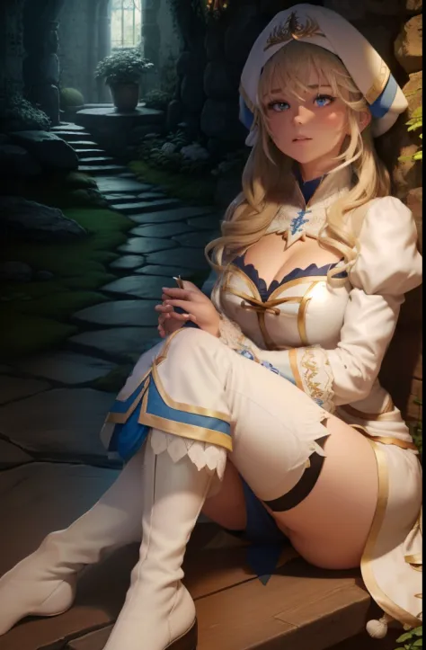 1 girl, goblin slayer, mature, massive tetas , petite, ((blue eyes)), knee long hair, tight white boots, ((priestess)), ((masterpiece, top quality, best quality, official art, beautiful and aesthetic:1.2), extreme detailed, colorful, highest detailed ((ult...