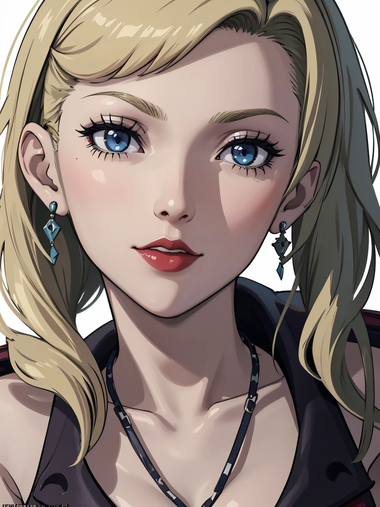 Best quality, masterpiece, ultra high res, 1girl, sexy, in the dark, deep shadow, low key, cold light, milf, dynamic light, cinematic lighting, cinematic lighting, down blouse, mature woman, middle parted hair, nsfw, natural breast, upper body, milf, nsfw, scarlet, final fantasy, blonde, face closeup, face detail, red lips detail, white background