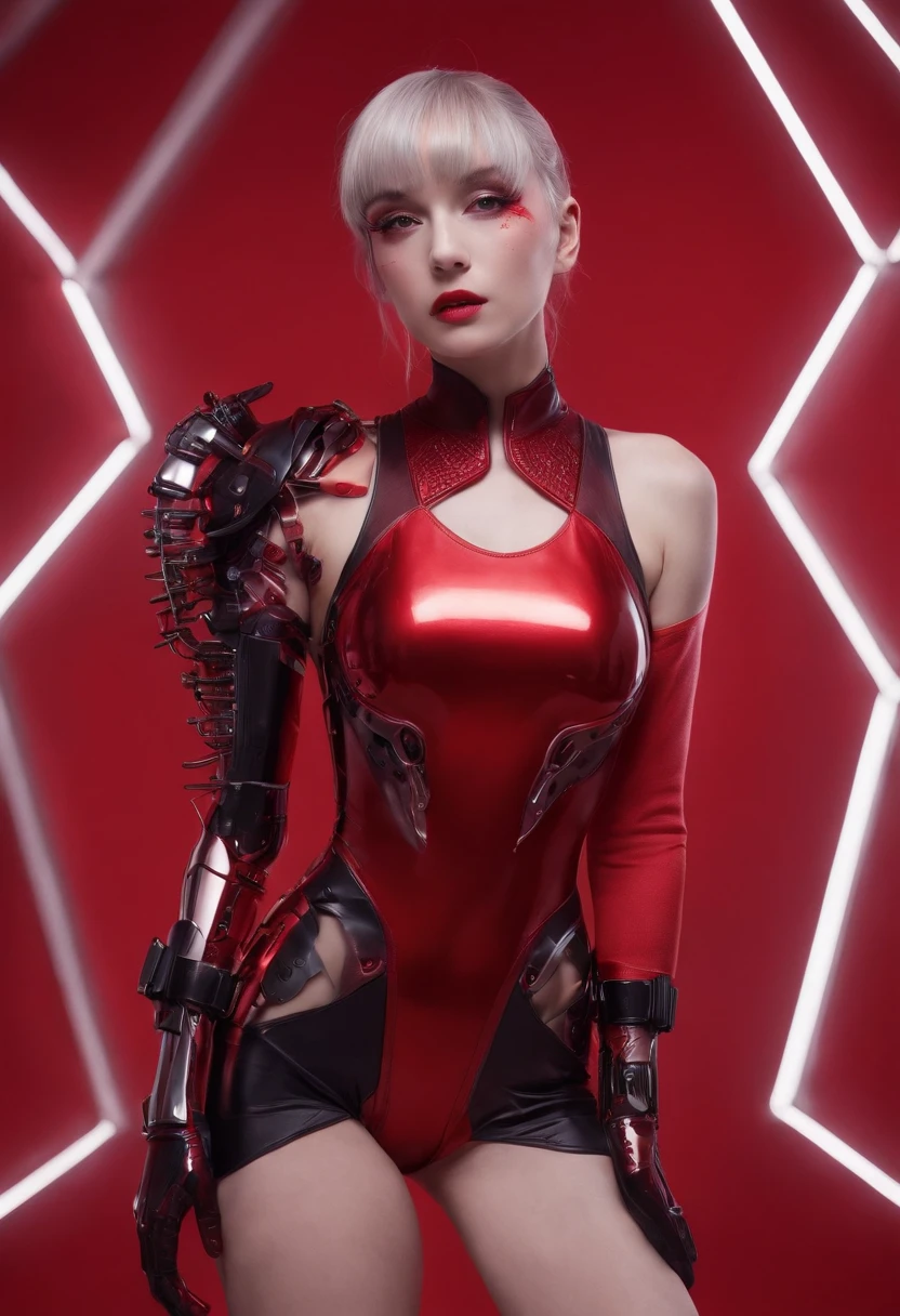 Cyborg woman wearing a futuristic leotard posing for a photo, high waisted leotard, cyberpunk outfit, red minimalistic background, darksynth aesthetic, red neon lights, robotic parts, perfect body, ultra detailed.