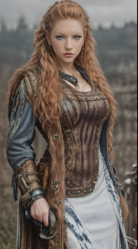 medium shot photo of a mix of (((steampunk:0.8))) and ((cyberpunk:0.5)), ((blue eyes)) Katherine with  (((red long hair))), ((((wearing steampunk white dress)))),  evening, dark, atmospheric, mist, best quality masterpiece, photorealistic, detailed, 8k, ((...