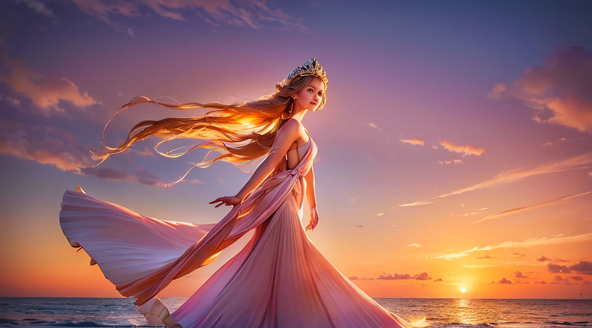 (master part, high resolution, illustration:1.2), Radiant young woman in a flowing dress, (Graceful and ethereal presence:1.1), (sol dourado afundando sob o horizonte:1.2), (suave brisa do mar acariciando suas bochechas:1.2), (Praia tranquila e isolada com palmeiras:1.1), (Pastels painting the sky in shades of pink and orange:1.2), (ondas suaves que atingem a costa arenosa:1.1), (gaivotas deslizando pelo ar:1.2), a moment of enchantment and serenity in the paradisiacal Maldives, Artistic details, Captivating composition.