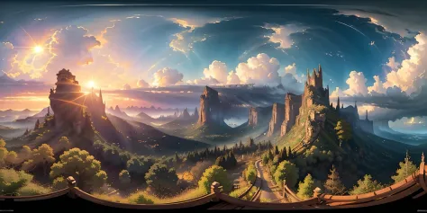 a 360 equirectangular panorama, modelshoot style, (extremely detailed 8k CG unit wallpaper), sky with clouds and radiance of the sun, real amazing clouds, trends in artstation, pixiv, hyper-detailed Unreal Engine 4k 8k ultra HD, J.R. TOLKIEN, katshurio Oto...