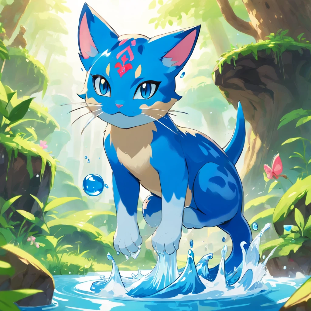 El gato azul de Pokémon está parado en un chorro de agua. - SeaArt AI