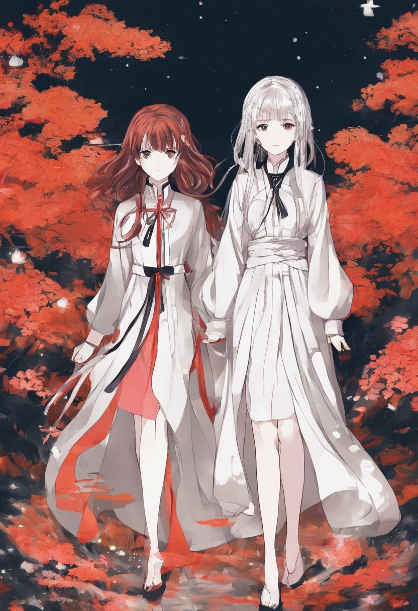 Two anime girls in white dresses walking through a forest - SeaArt AI