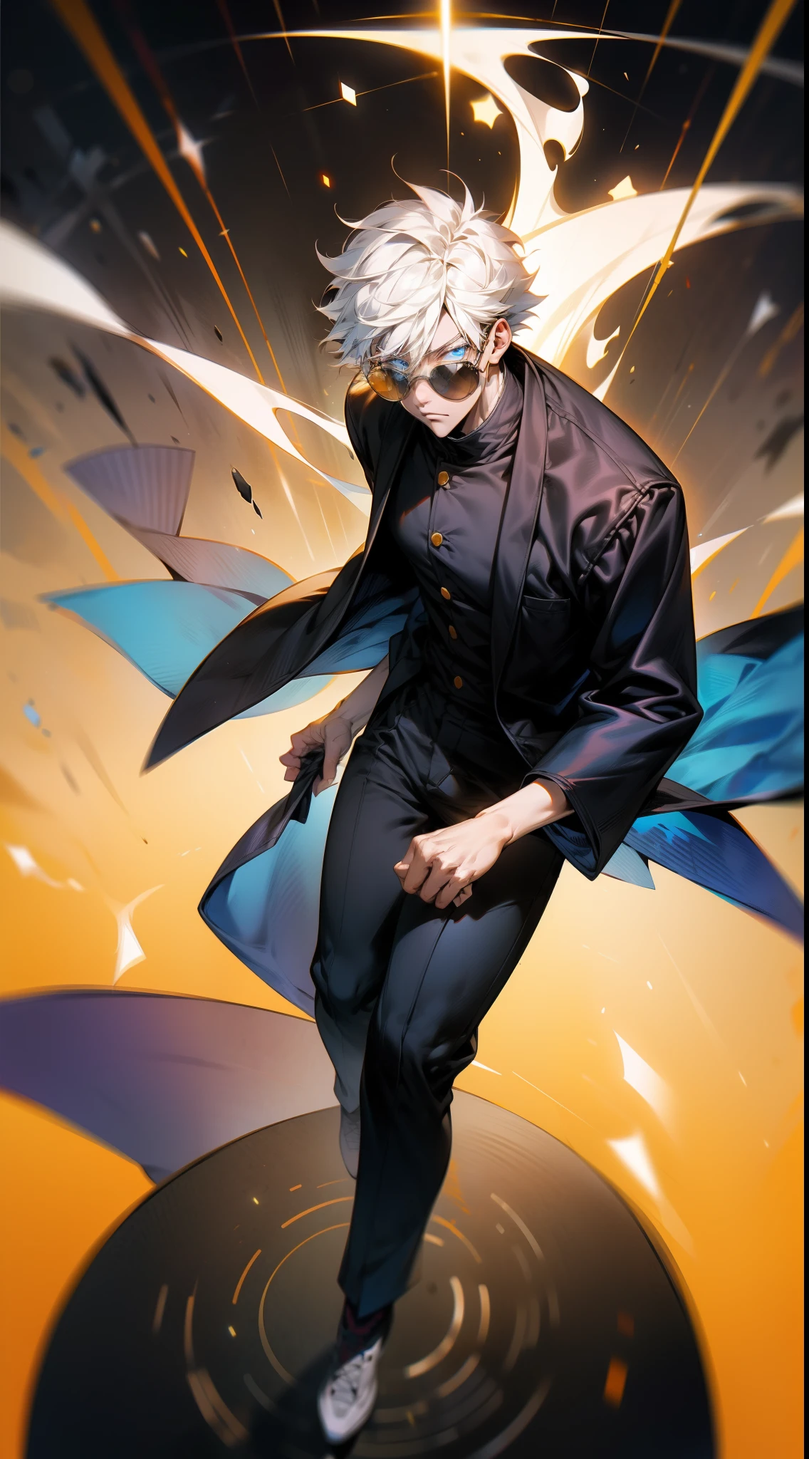 masterpiece, best quality, 1boy, (Gojo), jujutsu kaisen, short hair, white hair, standing, black clothes, sunglasses, aura power, night, natural light, flying above the city, electric background, blue eyes, detailed face, detailed eyes, tall guy, long legs, tight clothes, thin body, male focus, movie composition, deth of field, bokeh, (futuristic), (full body), (masterpiece), best quality, expressive eyes, perfect face,