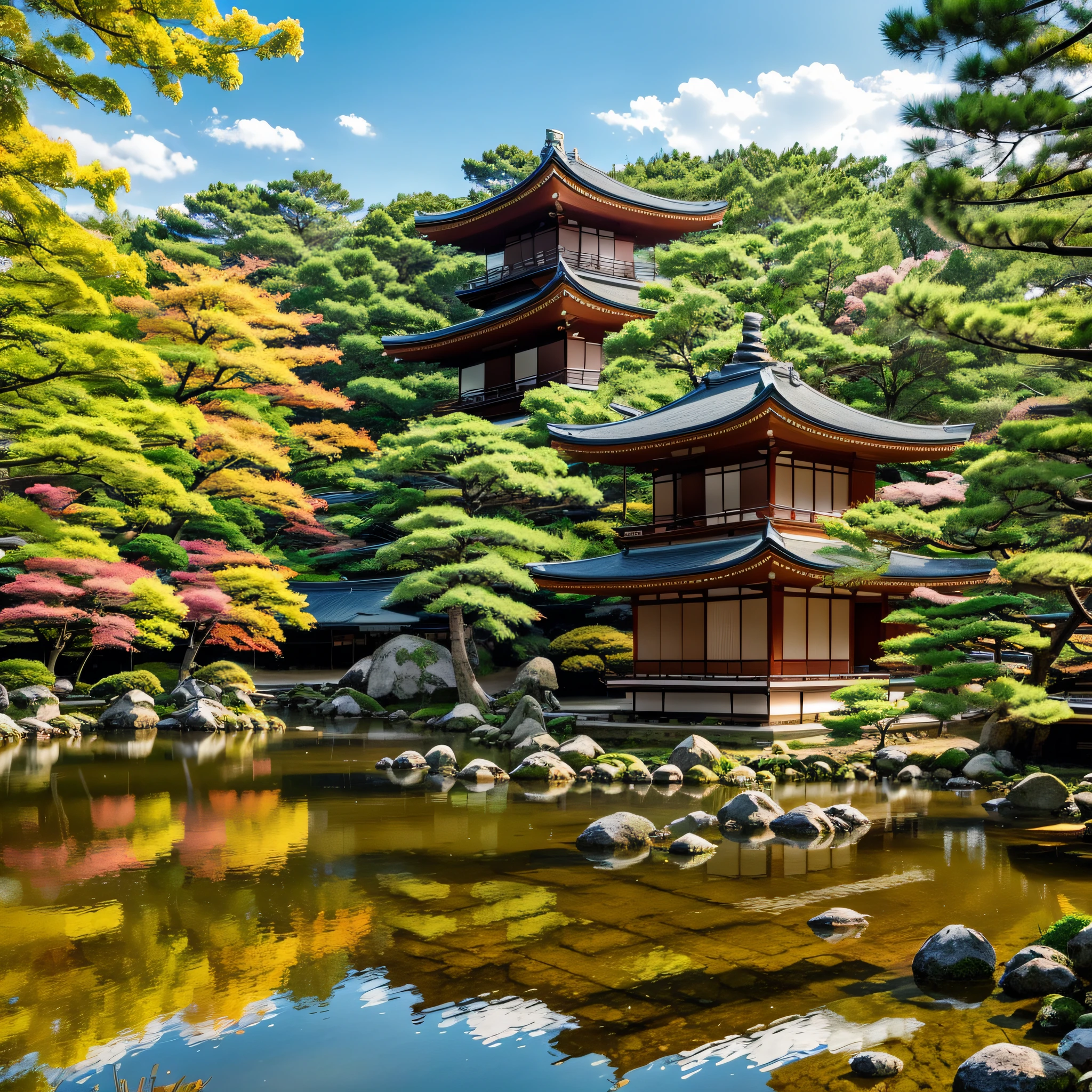 Kyoto Kyoto Árvores Coloridas Lago Peixe Belo Templo Japão Fantasia Irrealista