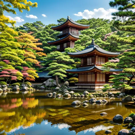 Kyoto Kyoto Colorful Trees Lake Fish Beautiful Temple Japan Unrealistic Fantasy