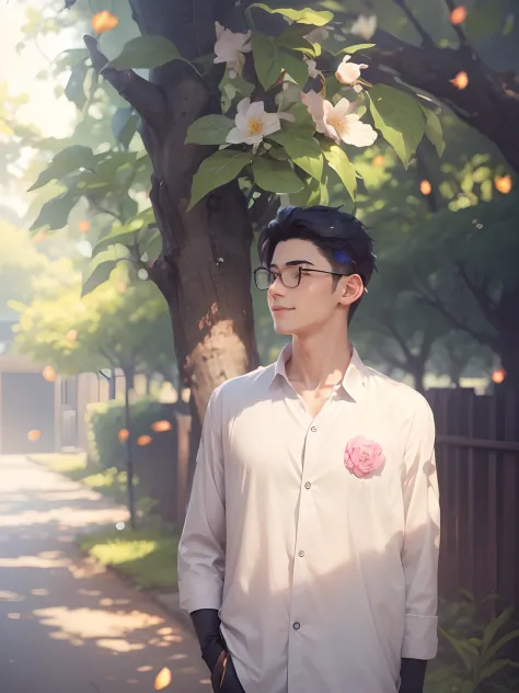 a smiling anime most handsome boy, change background with sky and a flower tree, enemy boy realistic face, 4k