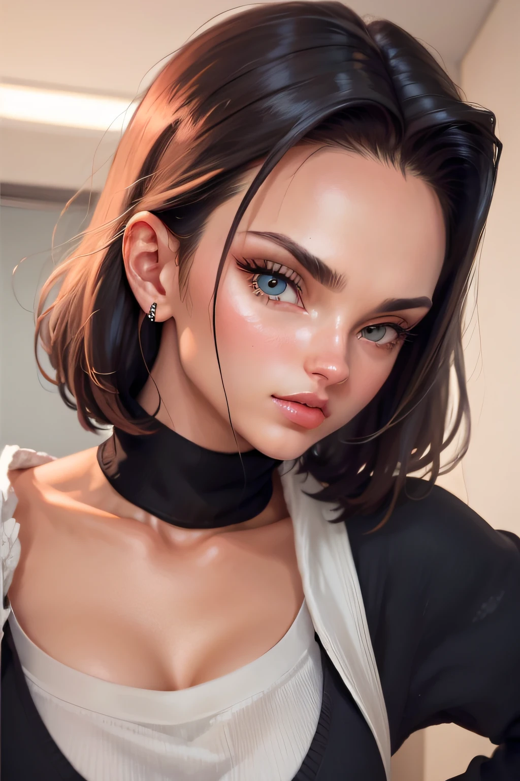 (best qualityer, 8K, 32k, ​masterpiece, uhd: 1.2), Photo of an amazing beautiful European woman, Caucasian skin, red-lips, "beautiful SHARINGAN EYES ITACHI UCHIRRA" breasts big, very short bob hair, full body shot shot, Facial Focus, Oversized_sweater, , necklase, background simple, From  above, Looking at Viewer, Android18DB