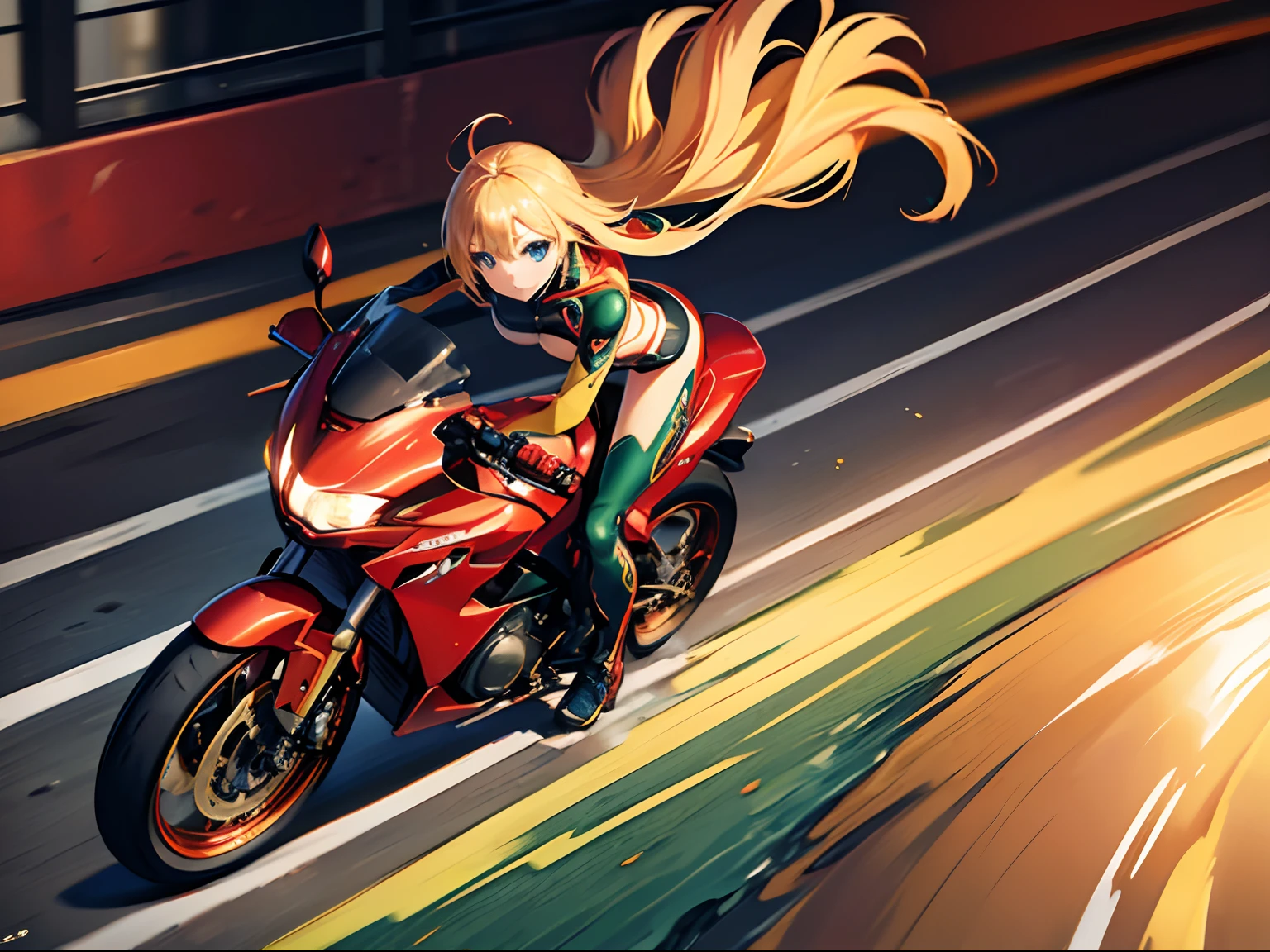 (Oil Painting, masutepiece, Best Quality, ultra-detailliert, Focus on character),、One female idol riding a red motorcycle、Blonde blue-eyed、A detailed face、Green Rider Suit、Sense of speed of running、