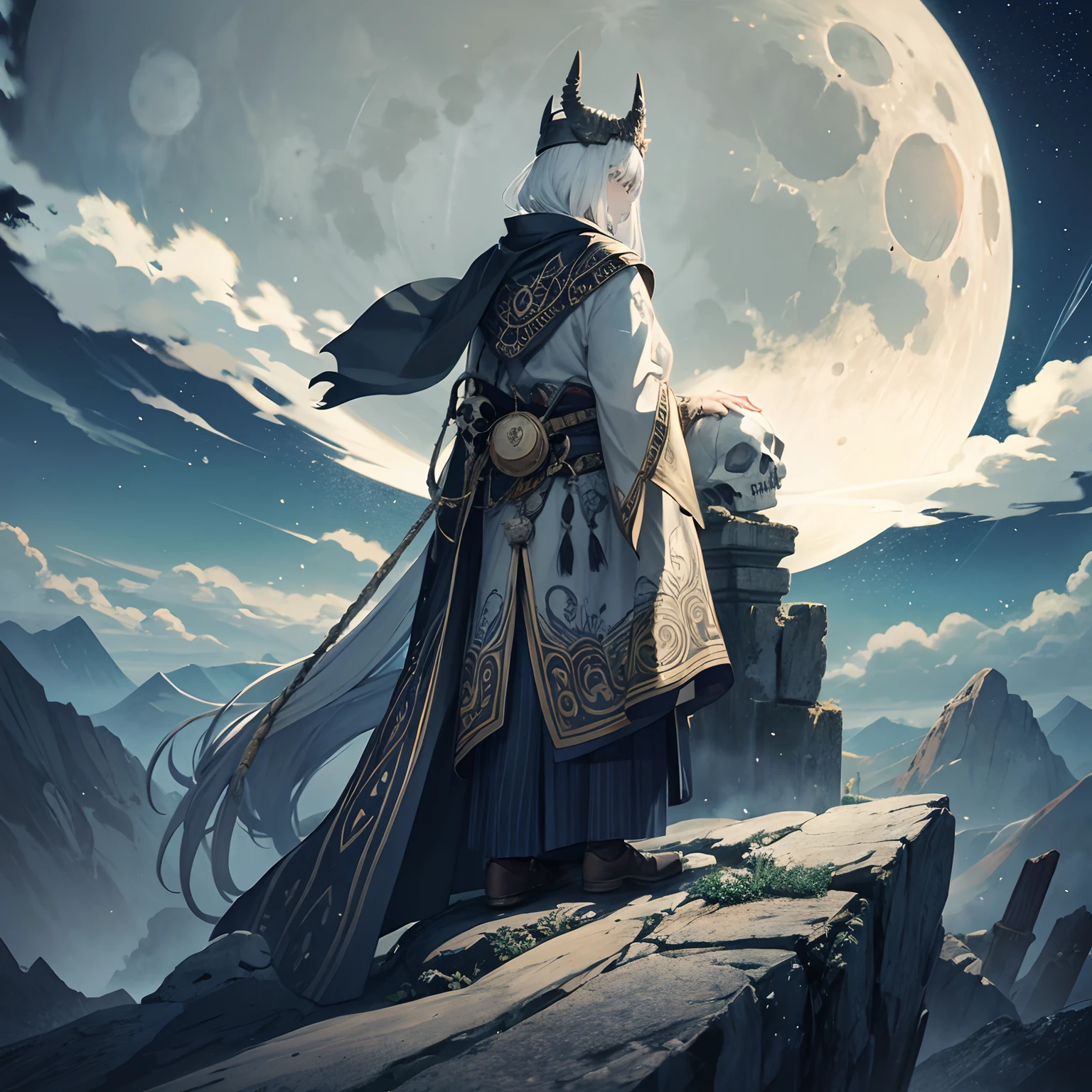 Ancient wizard, character dressed in printed tunic, large moon with a skull image cloudy landscape in the background, illustrations with Halloween symbolism