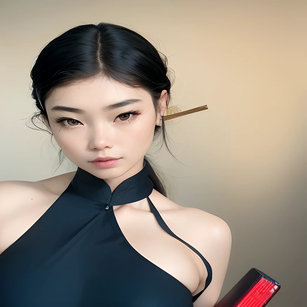 Araffe asian woman in a black halter top holding a red cell phone - SeaArt  AI