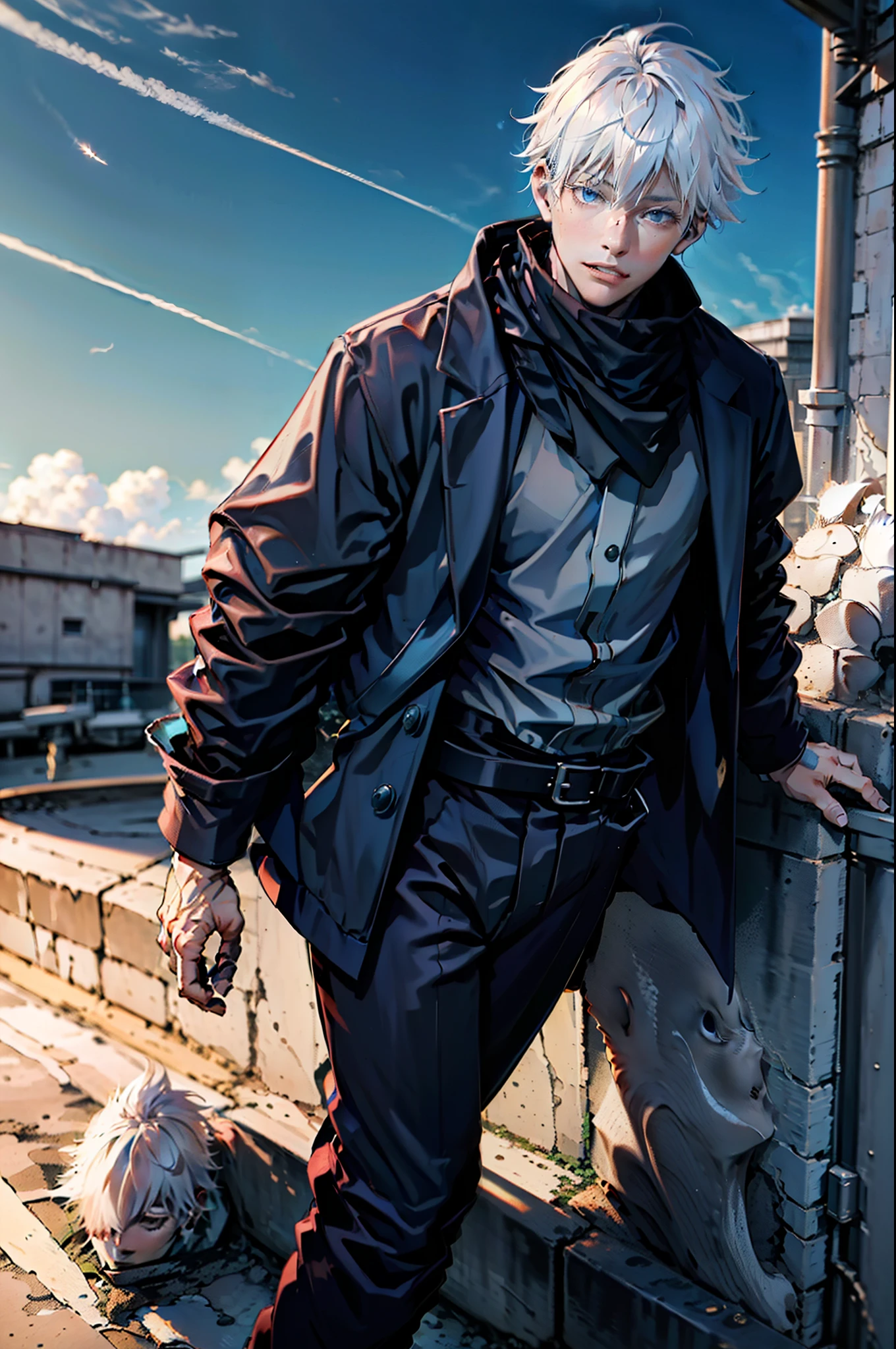 Anime - style photo of a man in a black coat leaning against a rail -  SeaArt AI