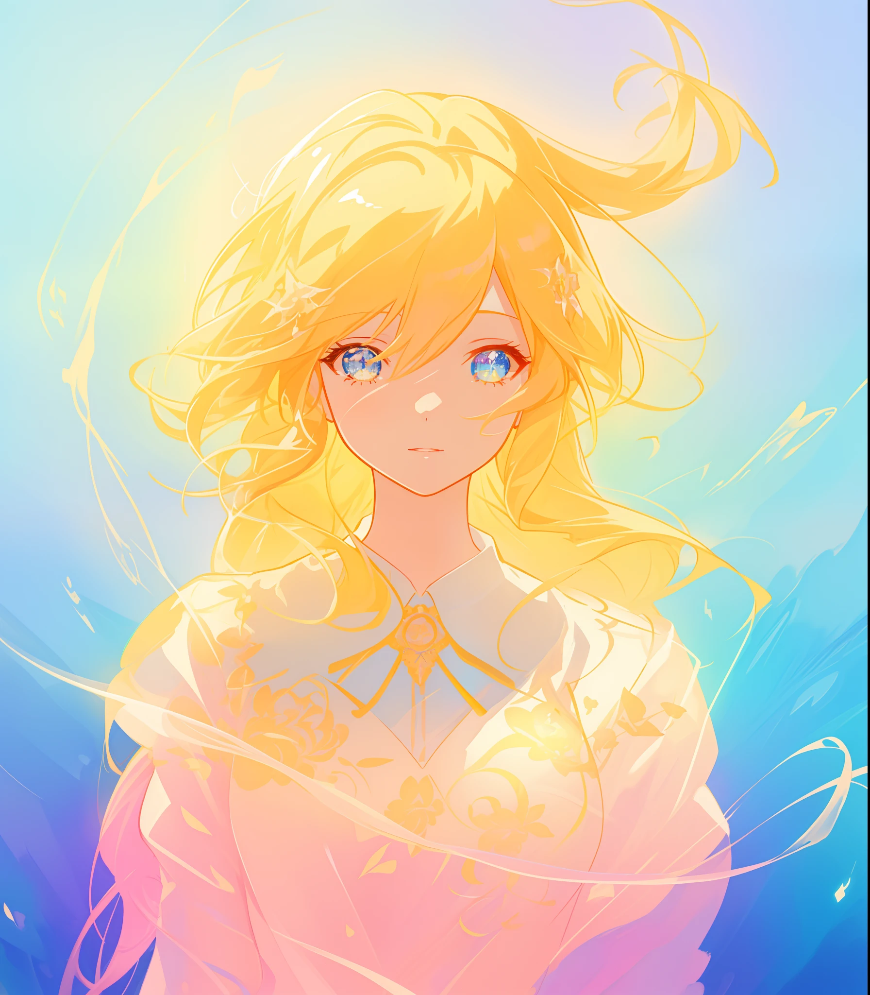 beautiful flowing dress, beautiful anime girl, portrait, vibrant pastel colors, (colorful), magical lights, flowing golden hair, liquid lines of light, inspired by Glen Keane, inspired by Lois van Baarle, disney art style, by Lois van Baarle, glowing aura around her, by Glen Keane, jen bartel, glowing lights! digital painting, flowing glowing hair, glowing flowing hair, beautiful digital illustration, fantasia background, whimsical, magical, fantasy, beautiful face, ((masterpiece, best quality)), intricate details, highly detailed, sharp focus, 8k resolution, sparkling detailed eyes, liquid watercolor