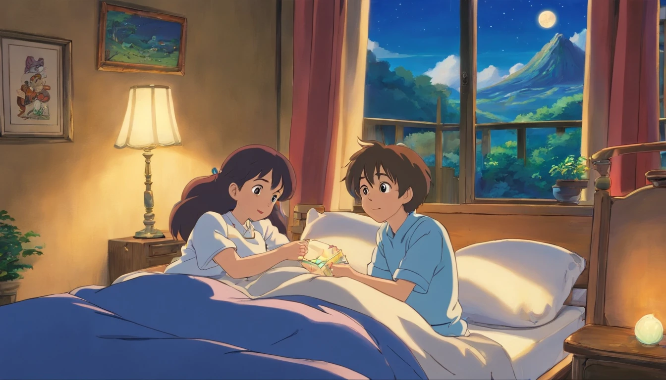 Anime scene of a couple reading a book in bed - SeaArt AI