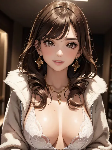 (A photo of the upper body), Beatiful face, Very detailed face and skin texture, (Detailed eyes), Brown eyes, Double eyelids, Thin eyebrows, Glitter eyeliner: 1.2, Natural cheeks, Shiny skin, Light skin, ((winter clothes)), Shiny necklace and earrings, (Sh...