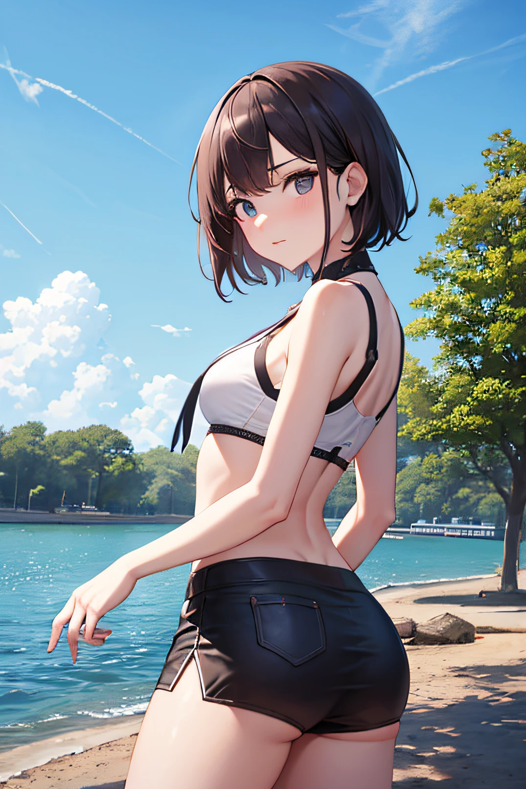 master part, best qualityer, finely detailled, high resolution, extremely delicate and beautiful, 1girl, Breasts huge, thick-thighs, Looking at Viewer, facing viewer, black choker, white  hair, short hair, hair behind ear, (micro bikini1.3), lake, tree, blue skies, sunlight,]