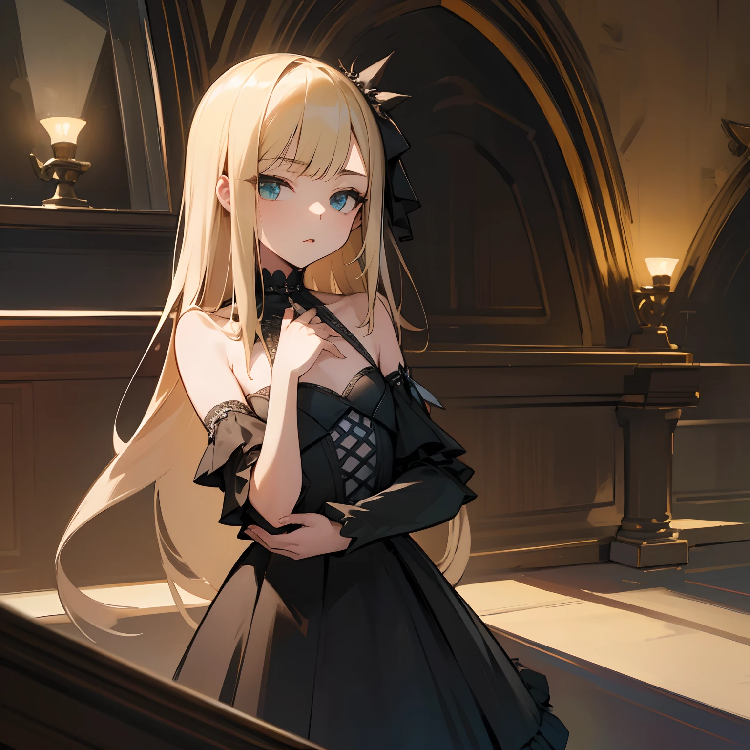 Reines, 1girl, high quality, best quality, illustration, masterpiece, (highly detailed:1.2), (extremely detailed:1.3), flat chest, bare shoulders, gothic lolita, young girl, dress, looking at viewers, short skirt